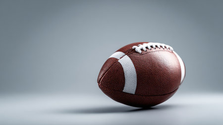 This image showcases a realistic leather football on a grey background, highlighting its detailed texture and design, ideal for sports and lifestyle content.の素材
