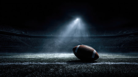 A captivating image of a single football resting on a dark field, illuminated by spotlights in an empty stadium, capturing the essence of competition and anticipation.の素材