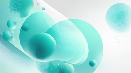 This abstract design features soft teal spheres and fluid shapes, creating a serene and modern atmosphere ideal for various graphic design applications.の素材