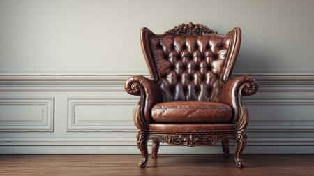 An elegant vintage armchair showcasing intricate carvings and rich brown leather, perfect for adding classic charm to any interior space or decor scheme.の素材