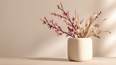 This exquisite display features pink blossoms and dried stems arranged in a chic white vase. The soft beige background enhances the tranquil and minimalistic vibe, ideal for decor inspiration.の素材