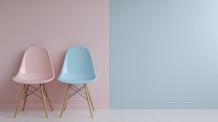 This image showcases a chic minimalist setup featuring two modern chairs in pastel colors against a stylish split wall, creating an inviting atmosphere for any space.の素材
