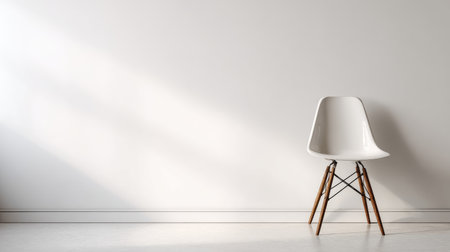 A minimalist white chair positioned against a light gray wall, illuminated by soft natural light, creating a serene and modern atmosphere for interior design.の素材