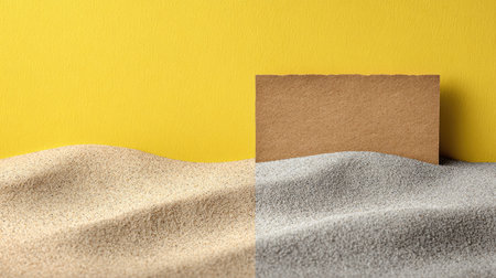 A minimalist composition featuring textured sand in neutral tones with a vibrant yellow wall backdrop and a beige rectangular cardboard for creative presentations.の素材