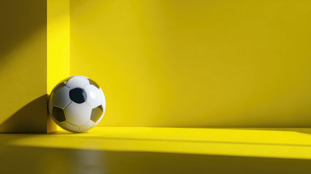 A vibrant and energetic scene featuring a white and black soccer ball leaning against a bright yellow wall. The minimalist setting highlights the playful essence of sports.の素材
