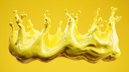 Vivid and energetic yellow liquid splash creates a mesmerizing view against a bright yellow background, embodying movement and artistic flair in a striking visual.の素材