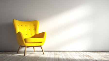 A bright yellow armchair positioned in a minimalist interior, showcasing natural light and a warm wooden floor, creating a cozy and inviting atmosphere for relaxation.の素材