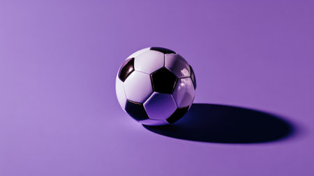 A classic black and white soccer ball sits on a vibrant purple backdrop, casting a soft shadow. Ideal for designs and themes related to sports, youth activities, and athleticism.の素材