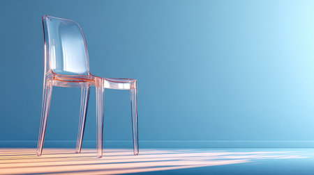 A stunning transparent chair positioned against a soft blue background, highlighting its elegant form and the interplay of light and shadows in a minimalistic setting.の素材