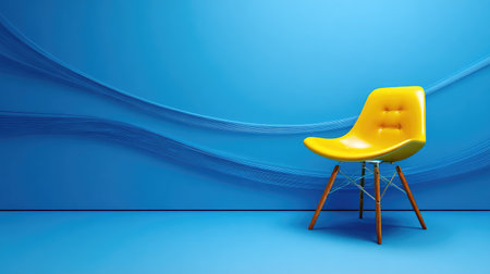 A striking yellow chair stands against a smooth blue wall, creating a vibrant and modern look. This image is perfect for decor inspiration and contemporary interior designs.の素材