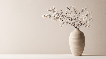 A stunning minimalist vase showcases delicate white blossom branches against a soft neutral backdrop. This serene arrangement enhances any interior space with elegance and natural beauty.の素材