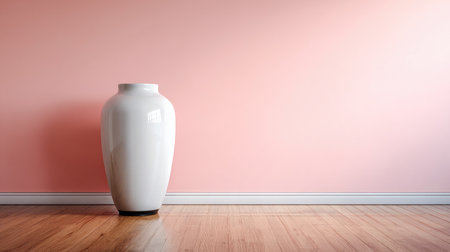 A striking white vase stands on a wooden floor, bringing elegance to a serene room with a soft pink wall, ideal for modern interior design inspiration.の素材