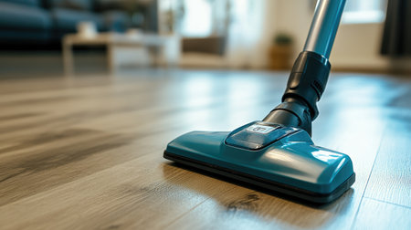 This image features a vacuum cleaner resting on a wooden floor in a modern living room, showcasing the importance of cleanliness and stylish home maintenance.の素材