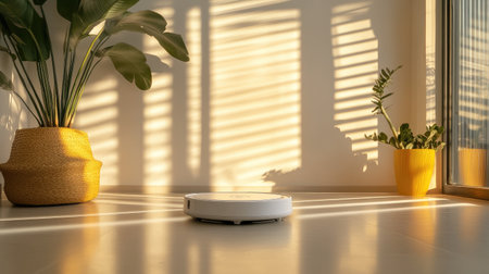 A modern robotic vacuum cleaner rests on a sunlit floor, surrounded by indoor plants and illuminated by soft shadows, highlighting modern technology in elegant interiors.の素材