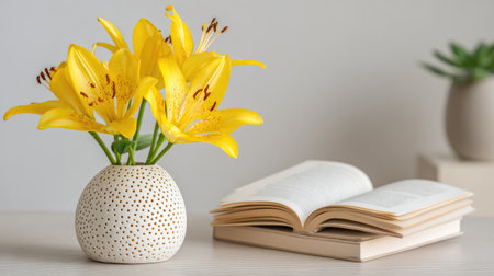 A vibrant arrangement of yellow lilies in a textured vase sits beside an open book, showcasing a serene indoor setting with a touch of nature and minimalism.の素材