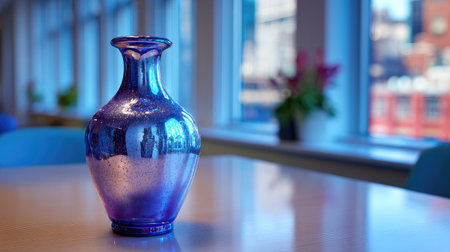 A striking purple glass vase stands prominently on a sleek table, embodying modern decor. The gentle light highlights its unique features against an urban backdrop.の素材