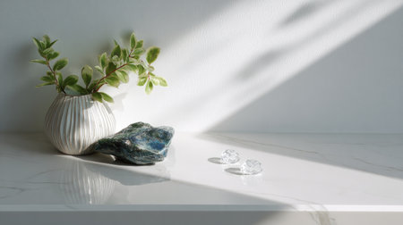 A serene arrangement featuring a green plant in a ceramic vase, decorative stone, and clear crystals on a marble surface illuminated by soft sunlight and gentle shadows.の素材