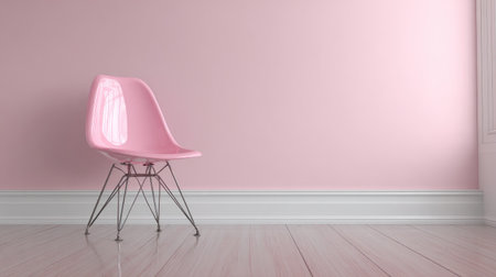 A striking pink chair sits elegantly in an empty room, complemented by a soft pink wall and wooden floor, creating a serene and stylish interior space.の素材