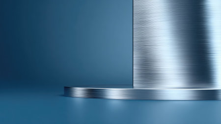 A sleek abstract metallic background featuring a brushed aluminum texture against a gradient blue backdrop, perfect for product displays or modern design projects.の素材