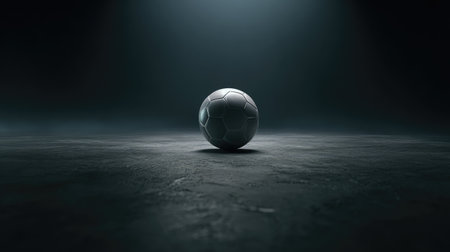 A minimalist soccer ball resting on a dark surface is captured with dramatic lighting. This image conveys energy and competition, ideal for sports-related themes.の素材