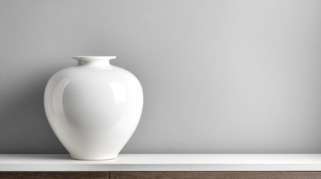 A stunning white ceramic vase placed on a sleek wooden shelf, set against a soft gray wall. Ideal for enhancing modern home decor and adding elegance to any space.の素材