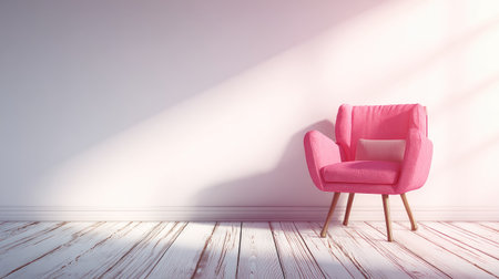 A stylish pink accent chair sits against a minimalist wall, bathed in soft sunlight. The wooden floor complements the cozy atmosphere, creating a modern and inviting interior space.の素材