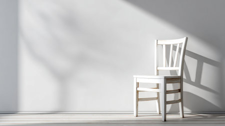 A minimalist white chair stands alone in a modern interior, casting soft shadows on the wall and floor, evoking a serene atmosphere ideal for contemporary design settings.の素材