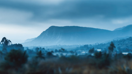 A tranquil landscape featuring rolling hills and mist covering mountains in shades of blue, creating a peaceful ambiance that showcases the beauty of nature.の素材