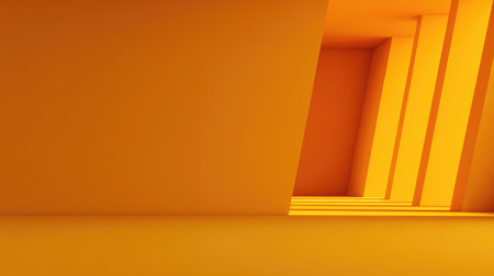 This vibrant orange abstract space features geometric walls and a unique interplay of light and shadow, perfect for modern design projects and creative visuals.の素材