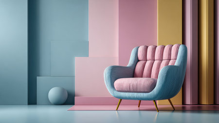A beautifully arranged modern interior featuring a blue and pink armchair against a pastel geometric backdrop. This setup creates a calm and inviting atmosphere for any space.の素材