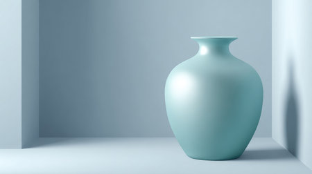 A soft blue vase rests on a minimalist background, creating a serene atmosphere with gentle shadows and clean lines. Ideal for modern interior decoration and design inspiration.の素材