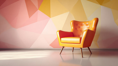 A striking orange armchair positioned against a colorful, geometric wall creates an inviting atmosphere for modern interior decor, adding character and charm to any space.の素材