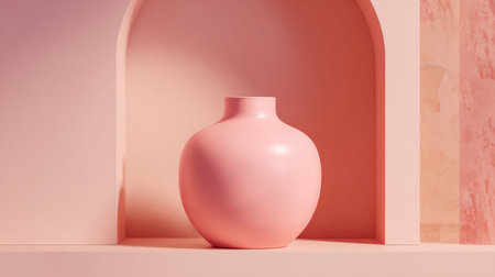 A chic pink ceramic vase sits elegantly in a minimalist setting. The soft pastel background and curved architecture create a tranquil and harmonious composition perfect for modern decor.の素材