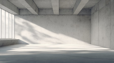A spacious and empty room with raw concrete walls and large windows that allow natural light to flood in, perfect for minimalist interior design and photography.の素材