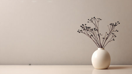 A serene composition featuring a minimalist vase with delicate dried flowers, set on a wooden table against a soft neutral background, ideal for interior design inspiration.の素材