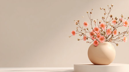 A beautifully arranged bouquet of soft pink blossoms in a simple beige vase, set against a muted background, perfect for modern home decor themes and serene aesthetics.の素材