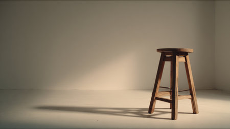 A minimalist scene featuring a simple wooden stool in an indoor space, highlighting natural materials and soft lighting that creates intriguing shadows on the floor.の素材