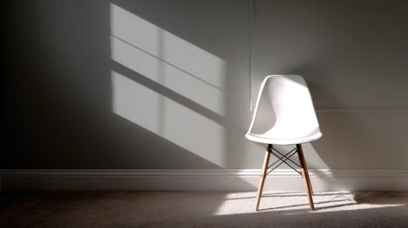 An elegant white chair is bathed in soft light, casting unique shadows on a neutral wall. This minimalist scene captures the essence of modern interior design and tranquility.の素材