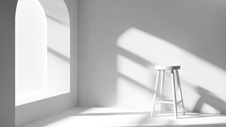 A serene and minimal interior scene featuring a white stool and a bright window. Soft shadows and clean lines create a tranquil atmosphere, suitable for modern design themes.の素材