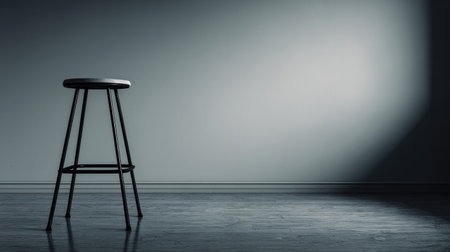A minimalist bar stool stands alone in a dimly lit room, highlighting its simple design. The interplay of light and shadow enhances the scene's elegance, perfect for modern decor.の素材
