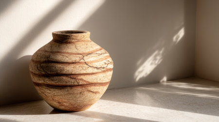 A beautifully crafted ceramic vase featuring earthy tones and intricate patterns, positioned on a sunlit surface, casting gentle shadows in a modern interior setting.の素材