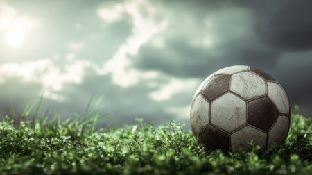 A close-up view of a weathered soccer ball resting on vibrant green grass, set against a backdrop of dramatic clouds and soft sunlight, captures the spirit of outdoor sports.の素材