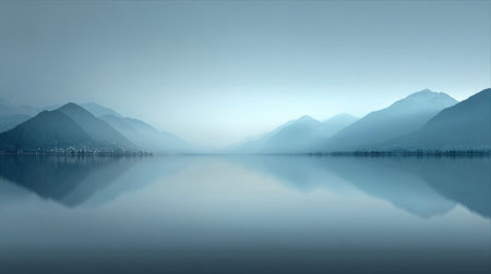 A tranquil scene featuring misty mountains reflected on a calm water surface, creating a peaceful ambiance. Ideal for nature and landscape themes.の素材