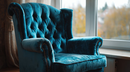 A stunning vintage turquoise armchair positioned by a window, featuring soft fabric and tufted design. Perfect for adding elegance and comfort to any interior space.の素材