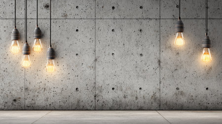 This image showcases a modern industrial interior featuring several hanging vintage light bulbs set against a textured concrete wall, perfect for contemporary decor ideas.の素材
