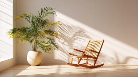 Bright and inviting indoor area featuring a wooden rocking chair beside a tall potted plant, highlighting the interplay of sunlight and shadows on natural materials.の素材