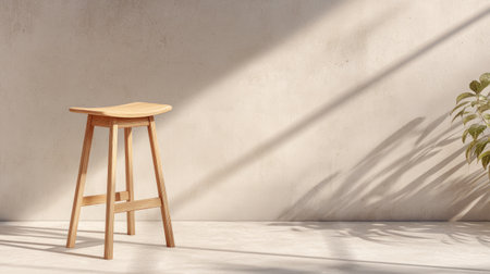 A modern wooden stool captured in soft natural light, providing an elegant touch to minimalist interior spaces, complemented by gentle shadows and a hint of greenery.の素材