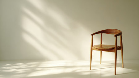 This image showcases a beautiful wooden chair in a minimalist setting, illuminated by soft natural light that casts delicate shadows on the surface, enhancing its aesthetic charm.の素材
