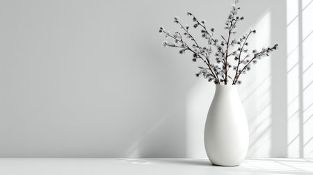 This minimalist image features a white vase holding delicate willow branches, showcasing soothing tones and elegant shadows against a light gray wall.の素材