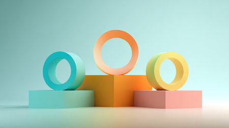 A captivating arrangement of colorful geometric shapes featuring vibrant rings and blocks on a minimalistic background, perfect for artistic and design projects.の素材